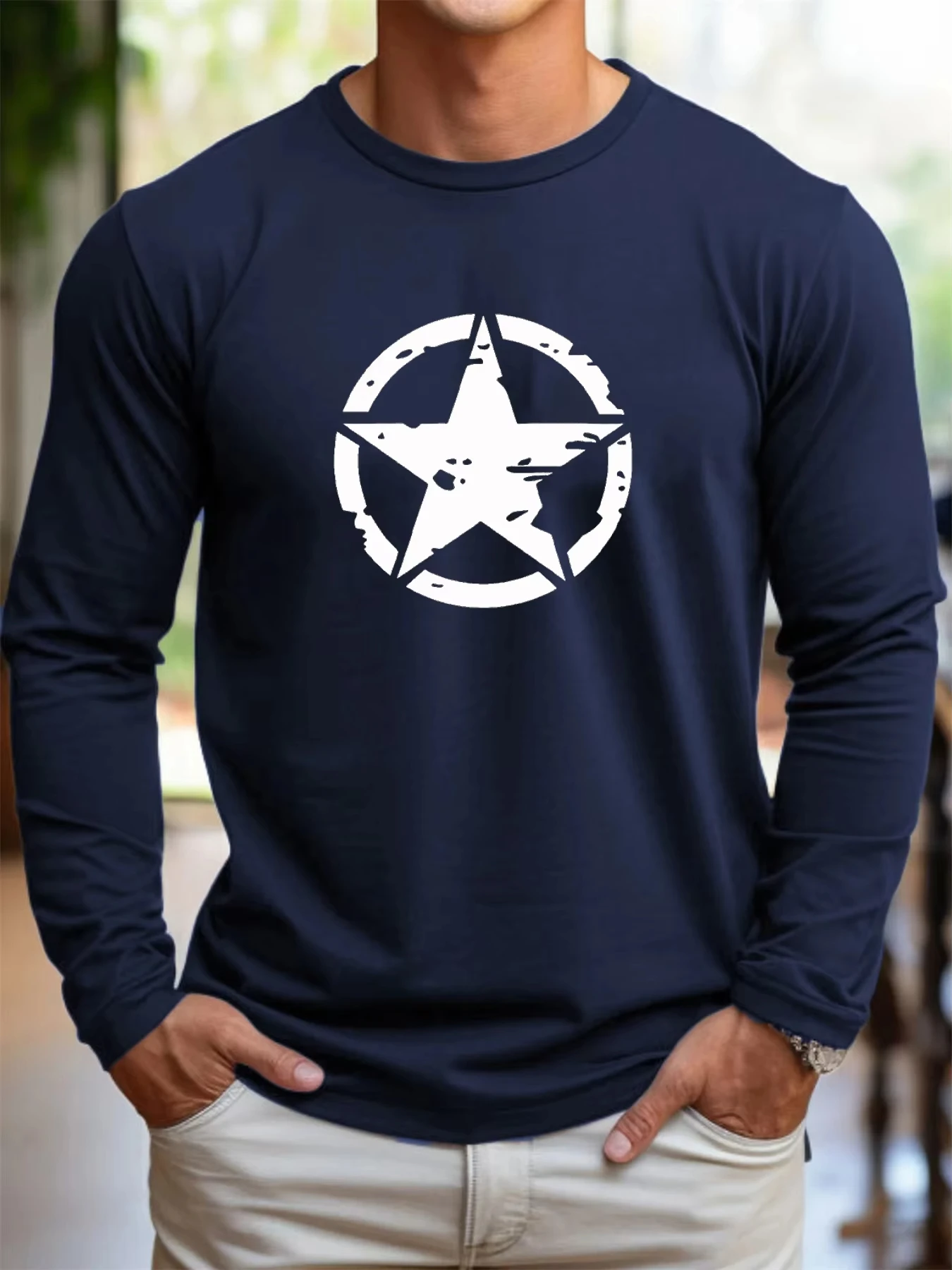 2026 New Men's Pentagram Pattern Print Autumn Long Sleeve T-shirt Daily Casual Sports Tees Male Clothes Loose Oversized Tops