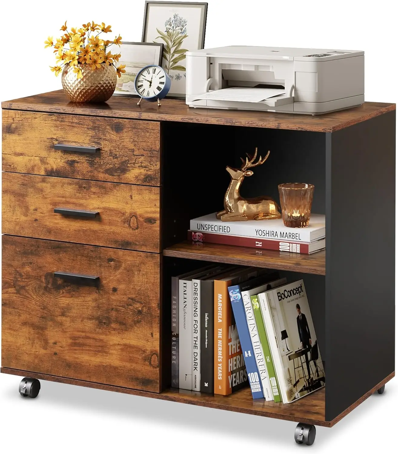 3-Drawer Mobile File Cabinet, Lateral Filing Cabinet, Rustic Brown | Wood, Rolling Printer Stand, Under Desk Storage, Open Shelv