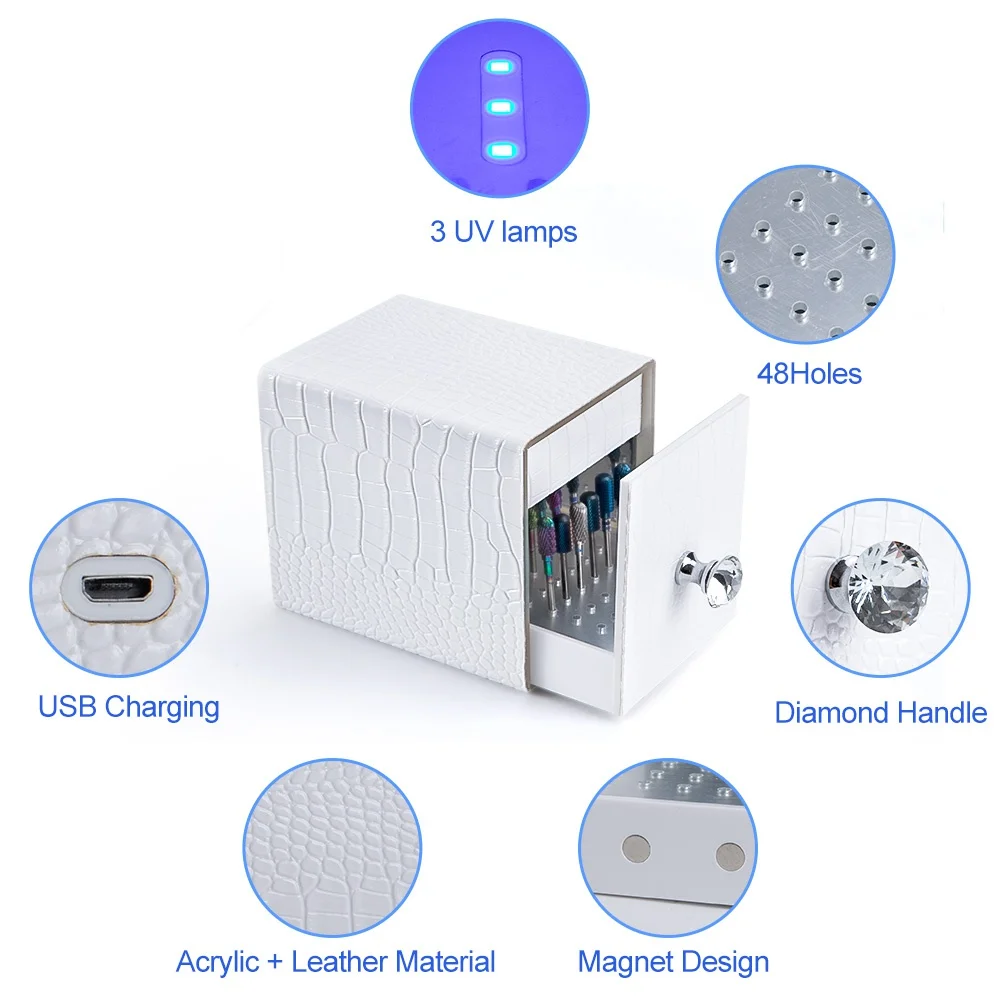 48 Holes Leather Nail Drill Bit Holder Box with UV Light for   Head Cleaning Dustproof Equipment