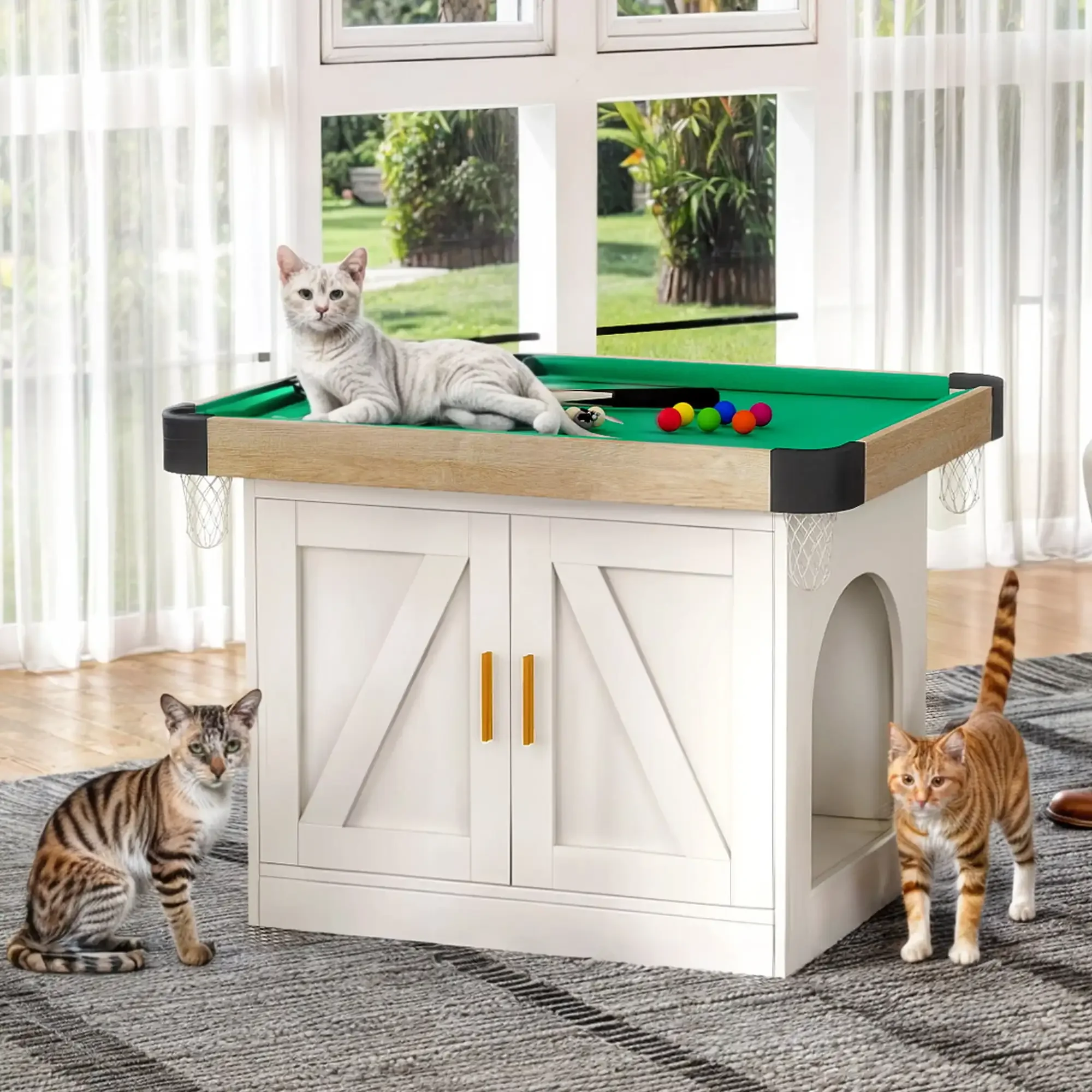 

Stylish Wooden Cat Litter Box Enclosure with Hidden Pool Table, Feather Teaser & Felt Balls, White