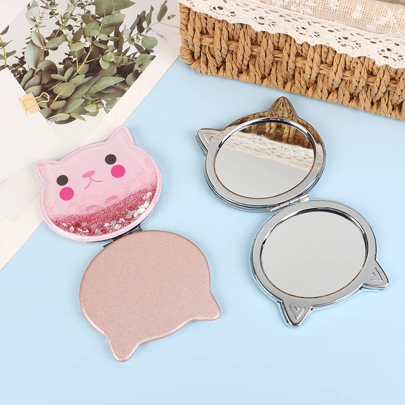 Cat Double-Sided Makeup Mirror Portable Quicksand Sequins Cartoon Girl Gift Hand Mirror Pocket Double-Sided Makeup Mirror