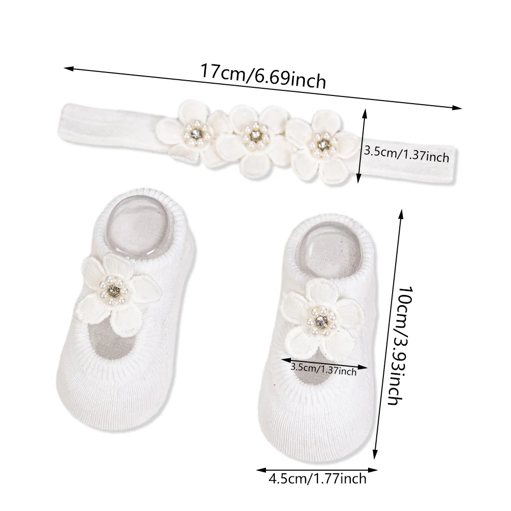 2Pcs White Flower& Short Socks for Baby Baptism and Christening Non-Slip 0-12M Sock Elastic Hairbands Infant Baby Clothing Stuff