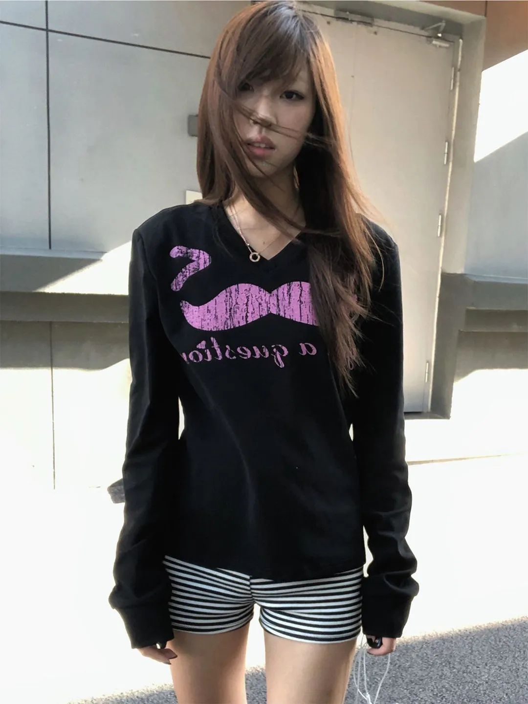 Y2K Subculture Women's Slim Fit Long Sleeve T-Shirt V-Neck Base Shirt Early Autumn New Style Light Y2K Wind Casual Style