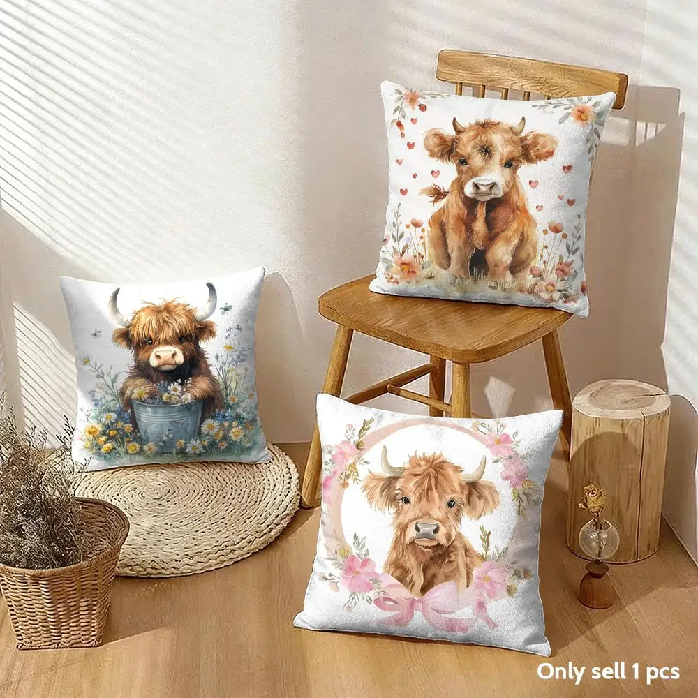 Cute Highland Cow Cushion Cover Silky Short Plush With Invisible Zipper Dustproof Sofa Pillow Cover For Home Decor