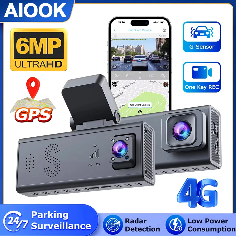 

AIOOK Car Surveillance Camera 4G Sim HD 6MP Front & Rear Dual Lens GPS Body Detection 24/7 Round Parking Camera Long Sleep Mode