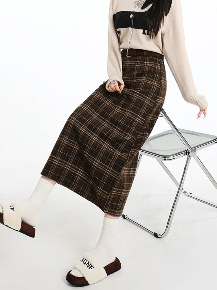 

Ретро-юбка А-силуэта средней длины в клетку для женщин, кофейного цвета, с эффектом похудения, с высокой талией, на резинке, с разрезом, новинка зимы