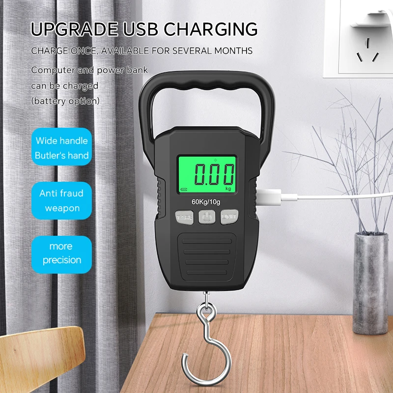 Black 60kg/10g LCD Digital Hanging Scale Portable USB Recharged Crane Hook Scales Courier Luggage Home Weighing Balance Tools