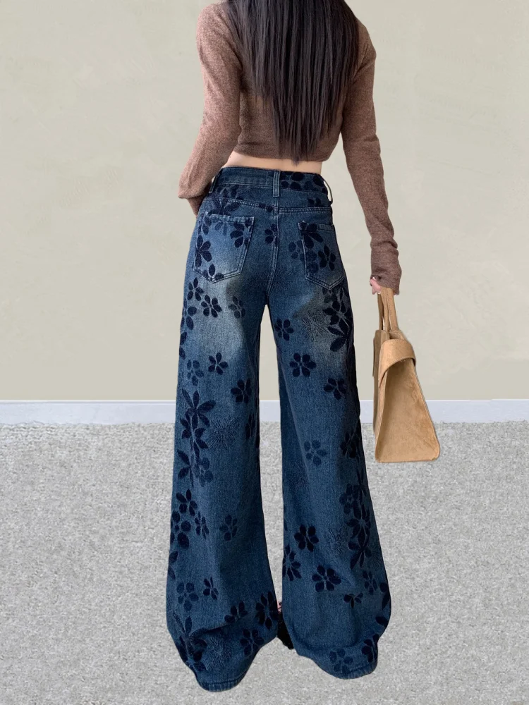 2025 American Retro Y2K Streetwear Fiori Ricamo Baggy Pantaloni jeans da donna Abbigliamento donna Pantaloni in denim gotico a gamba larga