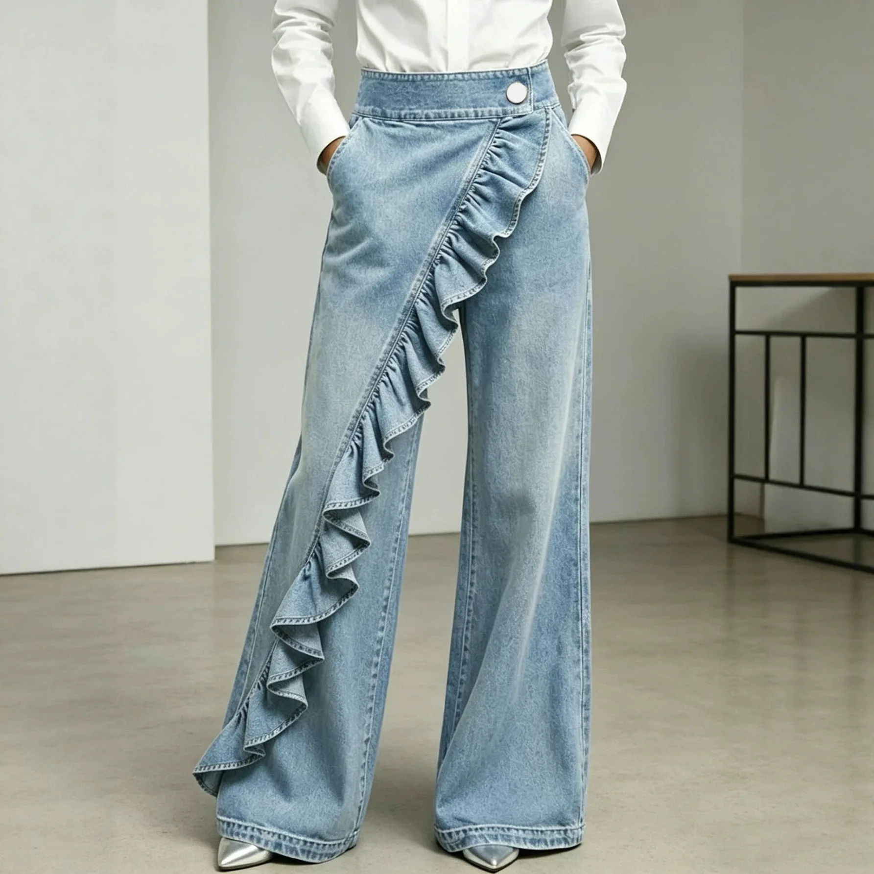 Pant Women Jeans Ruffles Button Vintage Wide Leg Pants Mid Waist Splice Work Straight Trousers Y2k Streetwear Elegant Summer