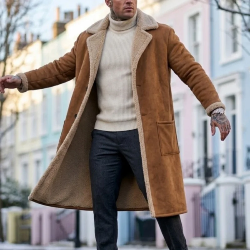2026 Winter Long Coat Grab Fleecy Casual Coat New Street Fashion Outerwear Overcoat Plus-size Men's Long Windproof Suede  Jacket