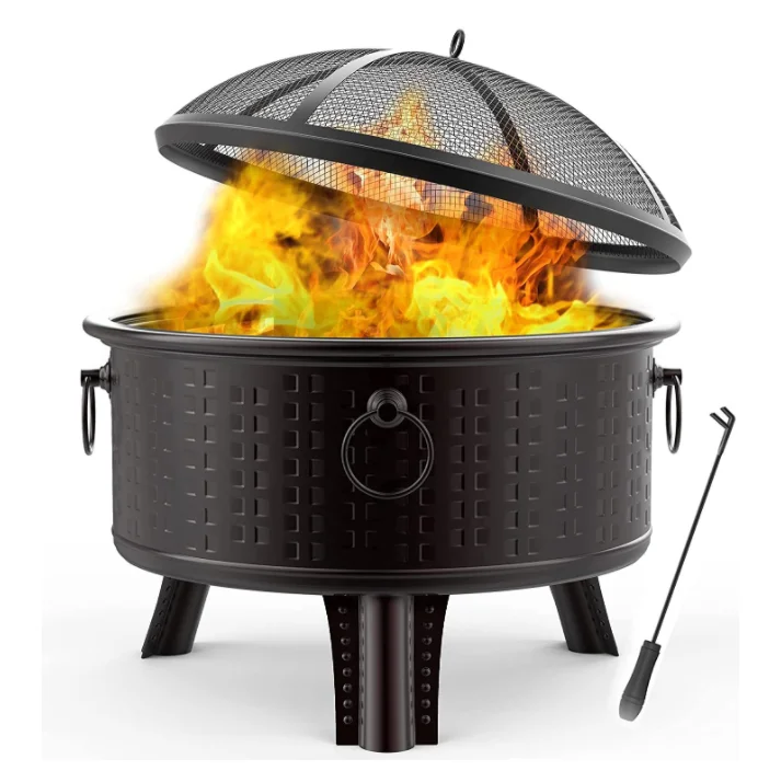 

Большая уличная чаша для костра - круглая деревянная чаша для патио с портативным покером и искровым экраном