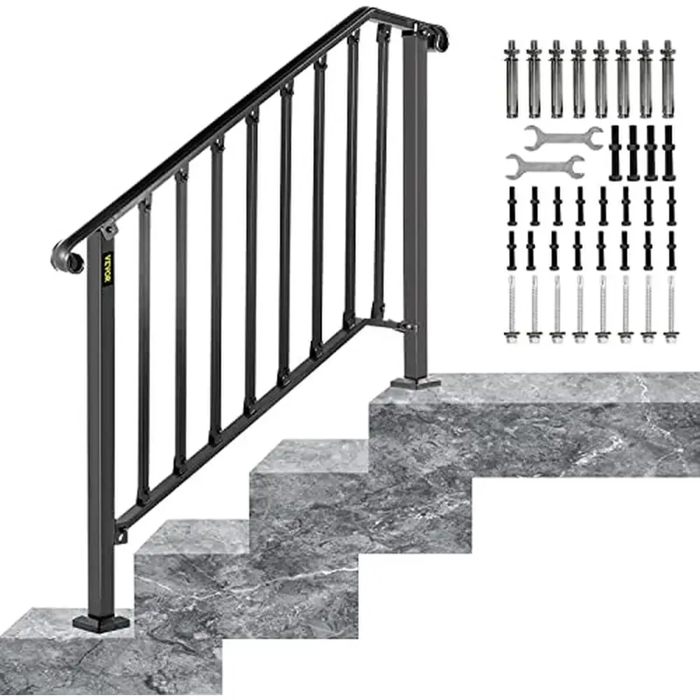 Stylish Iron Handrail 3 Steps Outdoor Stair Railing Safe Porch Solution Black