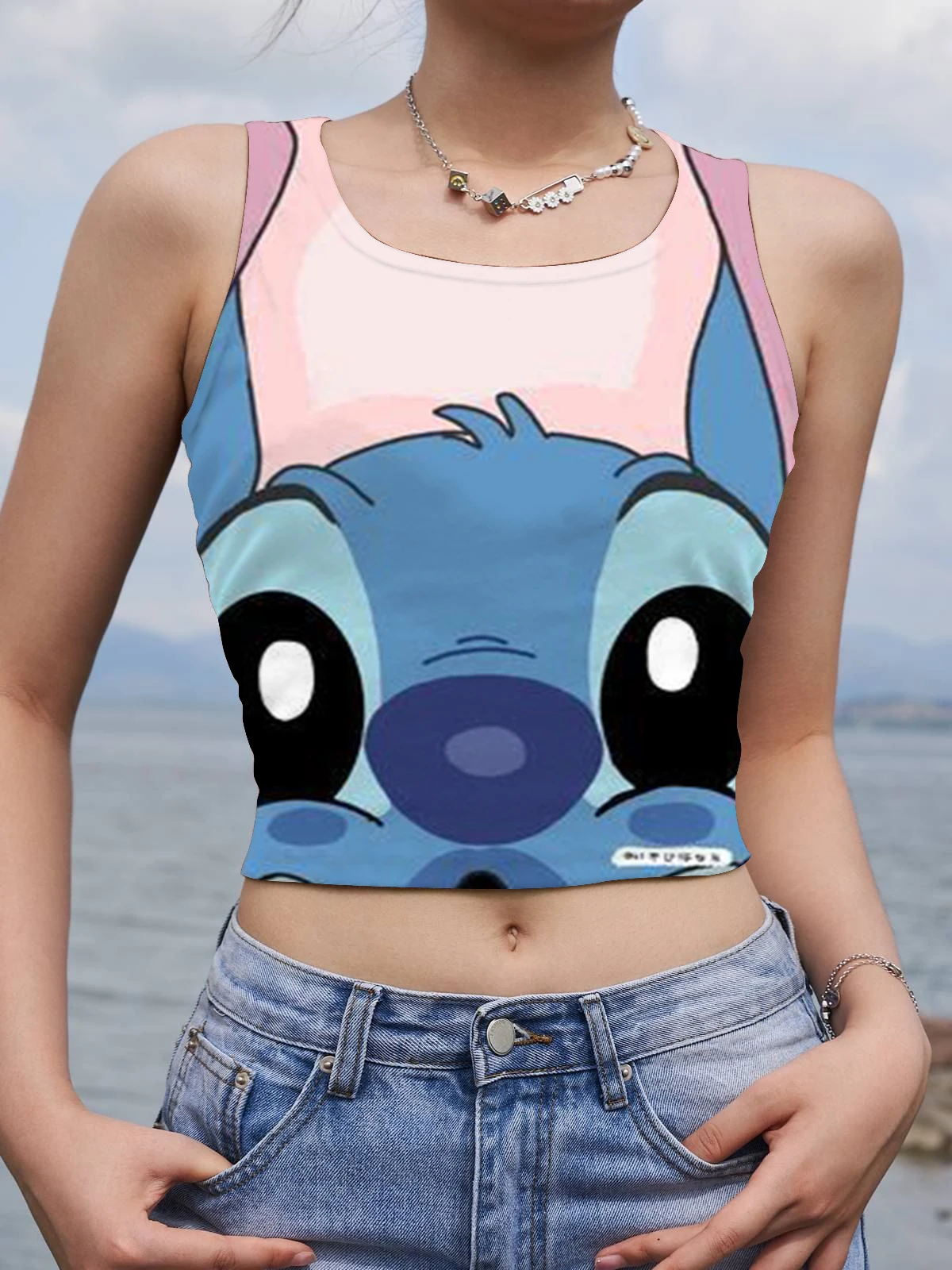 Fashion Corset Beach Crop Top Women Disney Y2k Cool Tank Sexy Tops Sleeveless T-shirts Stitch Summer Woman Clothes T-shirt Tees