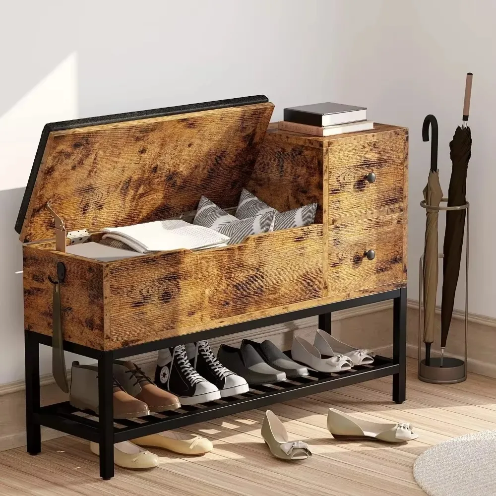 

Shoe Storage Stool with 2 Drawers, Shoes Rack with Detachable Seat Cushions and Shoe Corners for Entrance/corridor