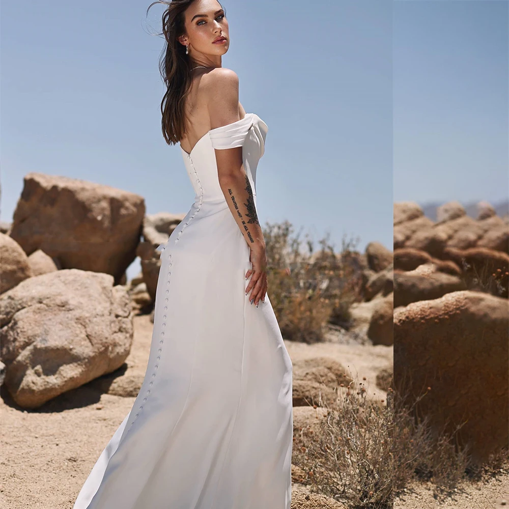Abiti da sposa a sirena con spalle scoperte Colletto quadrato increspato Abiti da sposa Bottoni senza schienale Elastico Personalizza su misure Robe De