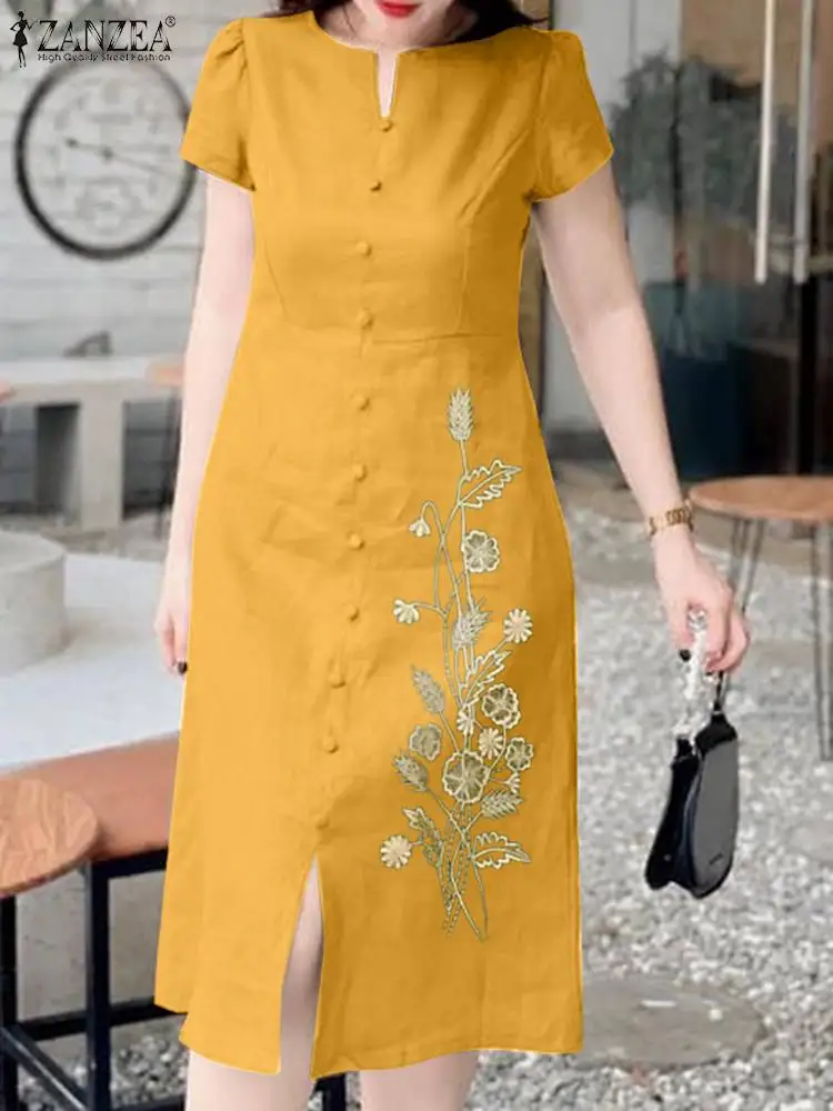 

Vintage Short Sleeve Vestidos ZANZEA Women Embroidery Midi Dress 2024 Summer Buttons Slit Vestidos Holiday Casual Loose Dresses