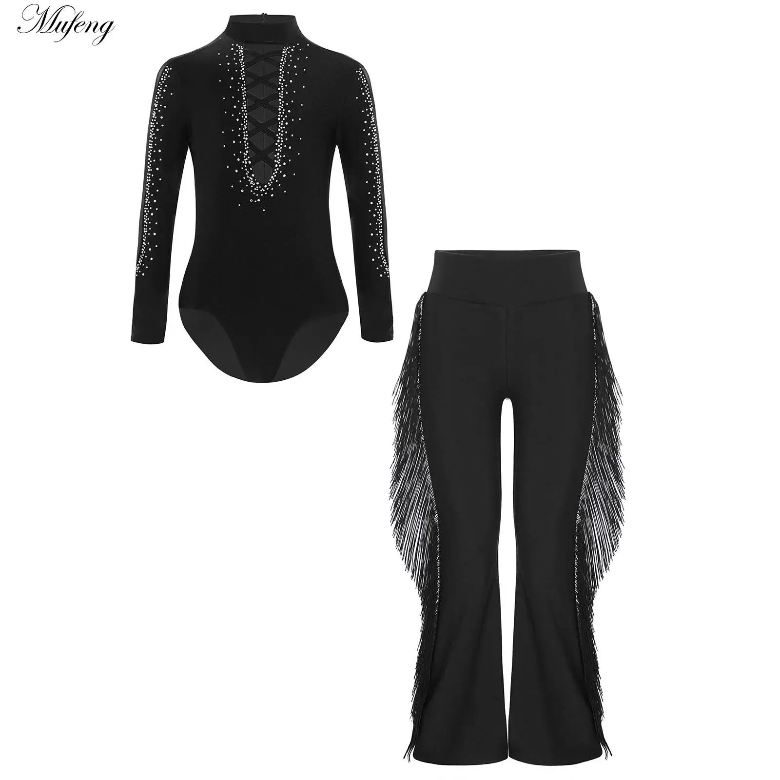 Haut de danse latine pour garçons, pantalons à jambes larges, Costumes de concours de danse latine pour enfants, manches longues, strass, vêtements Rumba Cha Cha