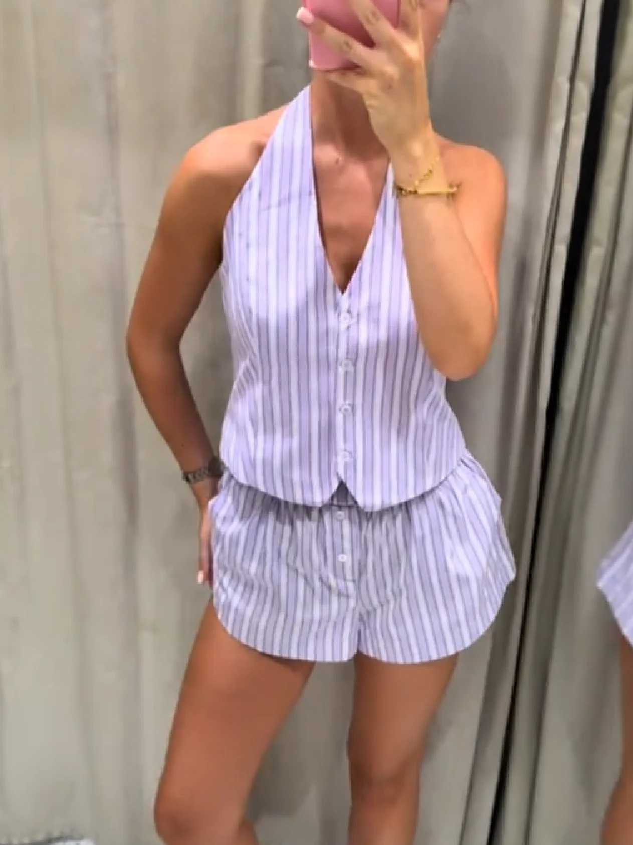 

Women's Retro 2025 Shorts Set Striped Vest Top Low Waist Mini Shorts Two-piece Backless Vest New Style Set