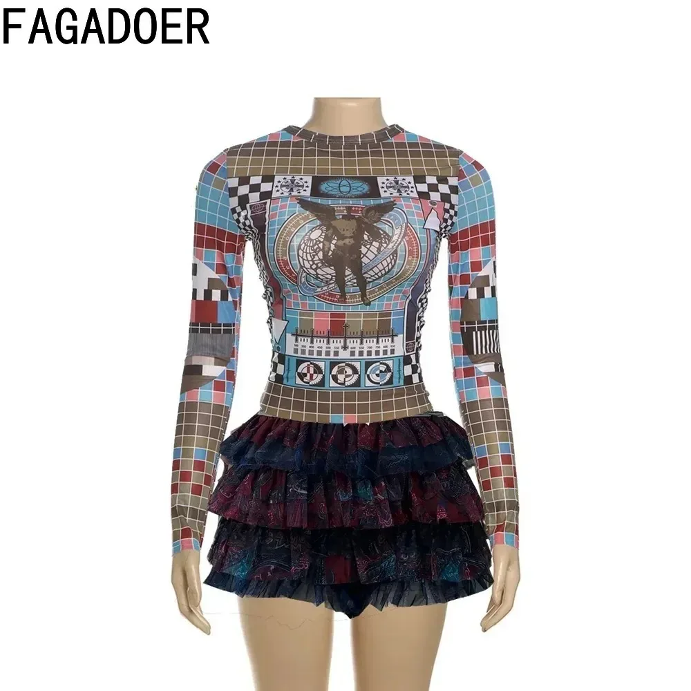 Fagadoer y2k streetwear feminino 2 peça conjunto roupa moda impressão manga longa colheita superior e bolha puff saia ternos roupas femininas