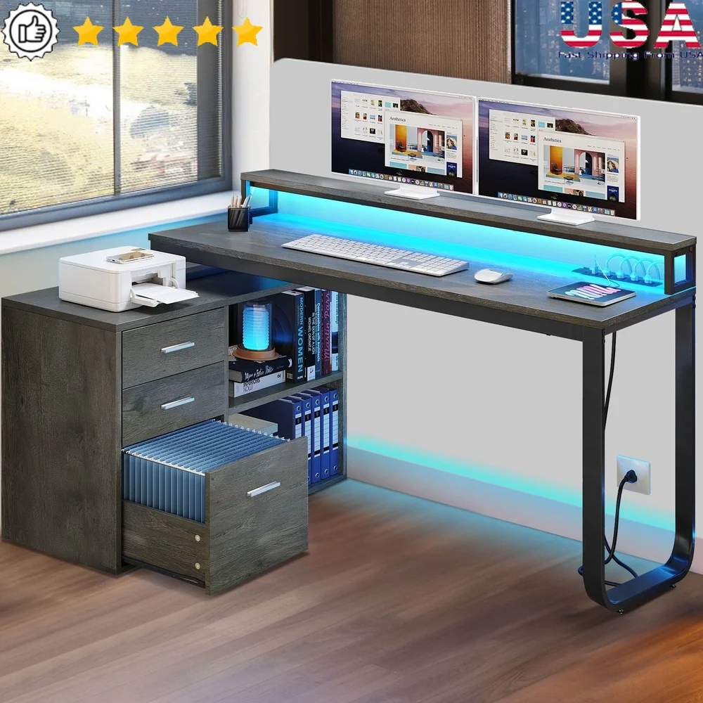 

L-образный стол с розетками USB-портами Подставка для монитора Светодиодная подсветка Картотека Просторий угловой компьютерный стол