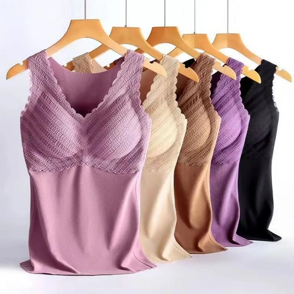 Winter Women Thermal Vest with Chest Pads Seamless Velvet Fast Temperature Lock V Neck Slim Fit Elastic Sleeveless Inner Wear Bo