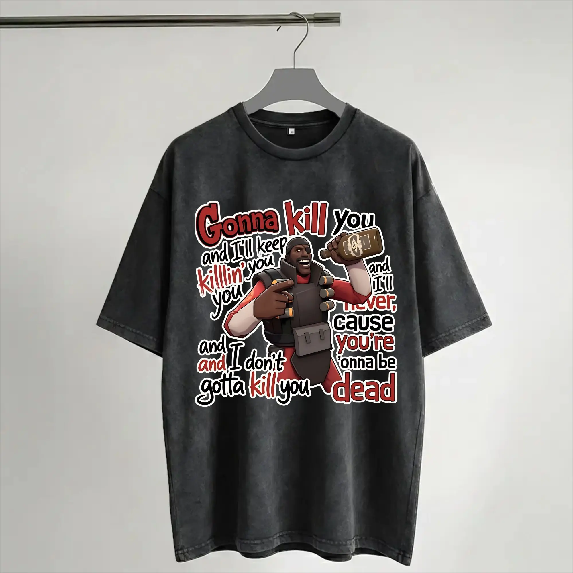 Harajuku Washed Shirts DEMOMAN Team fortress 2  Gonna kill you  Outfit Retro T Shirt Oversize  Streetwear Short Sleeve