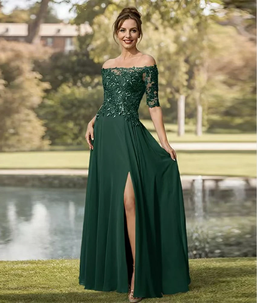 Customized Sexy Chiffon A-Line Off the Shoulder Lace Evening Dress High Quality Half Sleeves Boat Neck Floor Length prom dresses