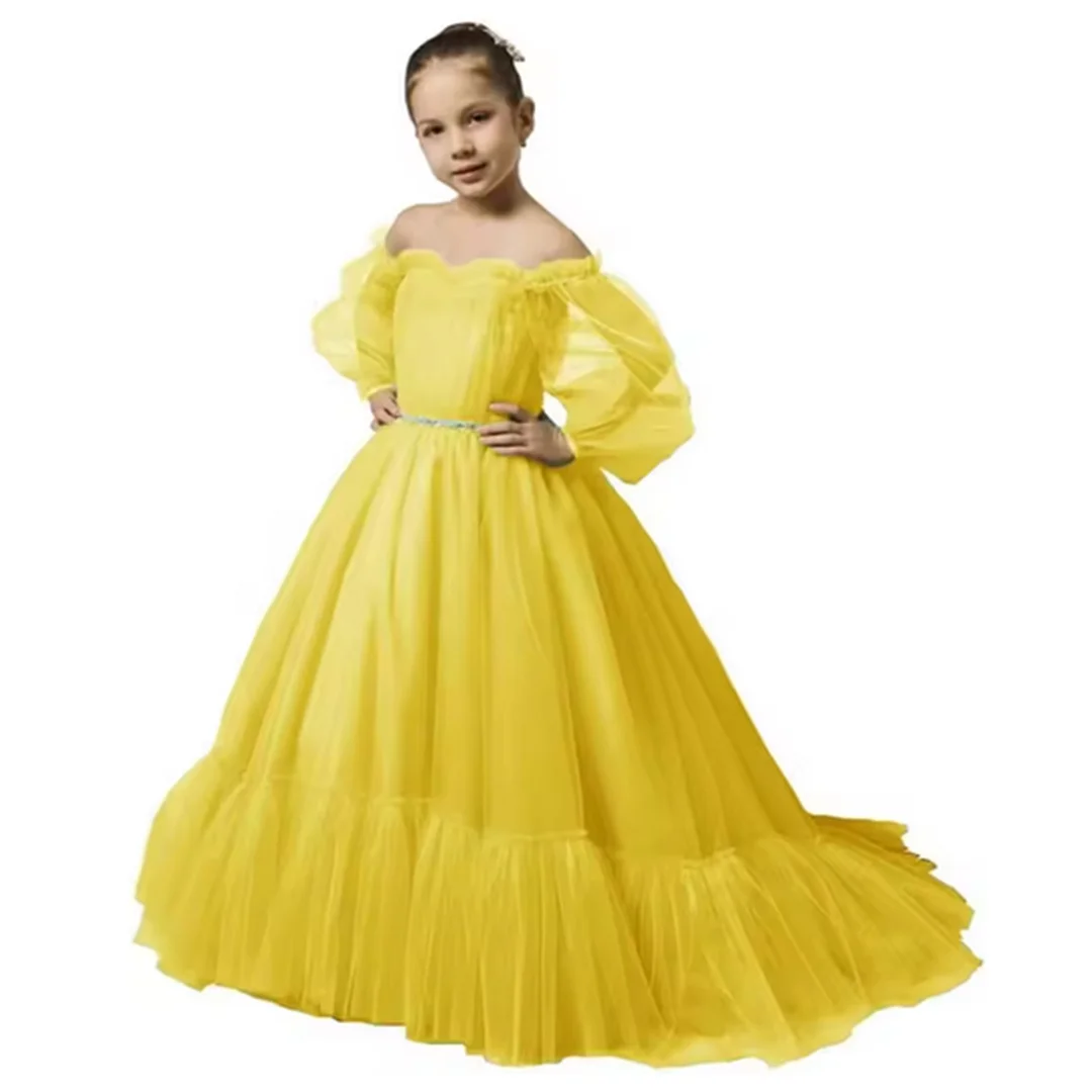 فساتين فتاة الزهور بأكمام منتفخة لحفلات الزفاف بدون أكتاف من التل، فستان للأطفال الصغار مع حزام فستان للفتيات الصغيرات