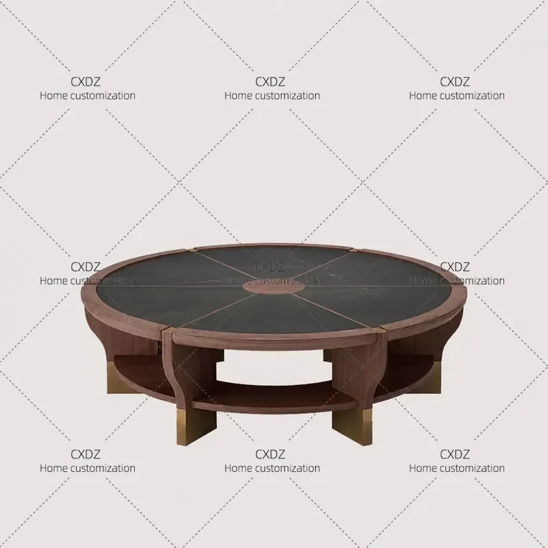 North American Black Walnut Round Coffee Table with Rock Slab Top and Copper Accents Medieval Zen Style Living Room Tea Table