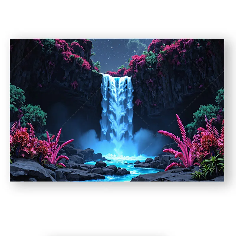 قطعة واحدة من نسيج الحائط "نسيج الشلال المسحور - مشهد الزهور النابضة بالحياة والسماء الليلية" #2