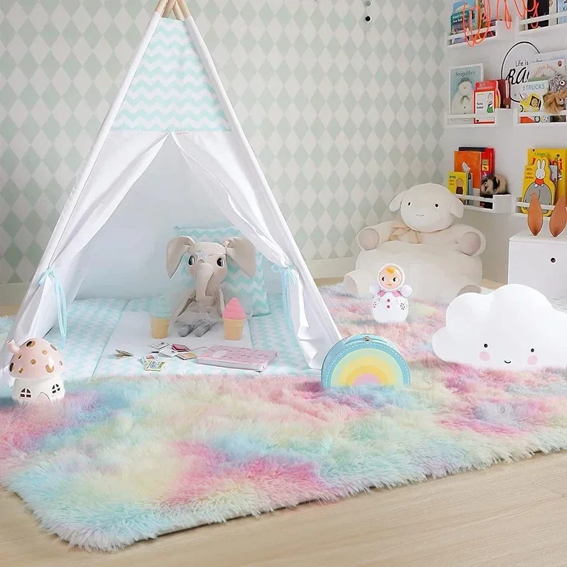 Fluffy Rainbow Rugs for Girls Bedroom Soft Shag Carpets for Teen Girls Kids Baby Room Nursery Playroom Cute Room Decor Area Rug