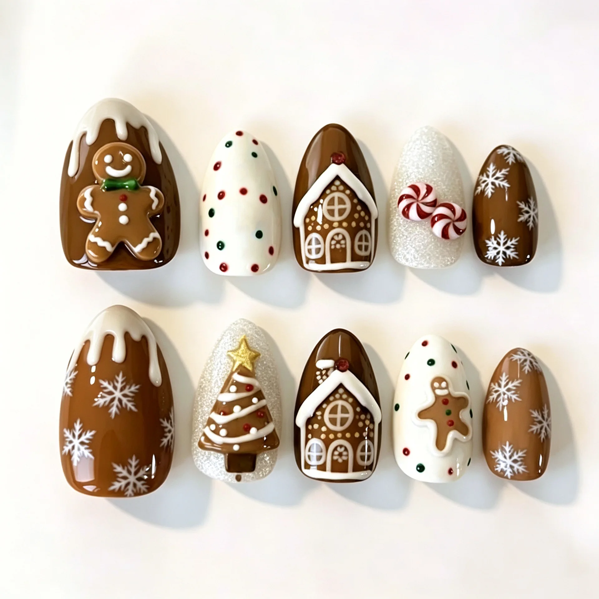 Christmas Trendy Almond Shaped Nail Tips with Beautiful Christmas Tree And Snowflake Design French Style Wearable False Nails