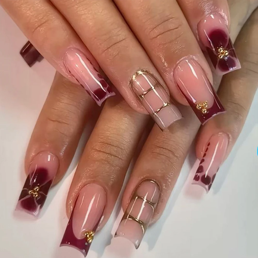 

24pcs French Long Coffin False Nails Vintage Flower Gold Designs Press on nails Wine Red Floral Caviar Beads Y2k Fake Nail Tips#