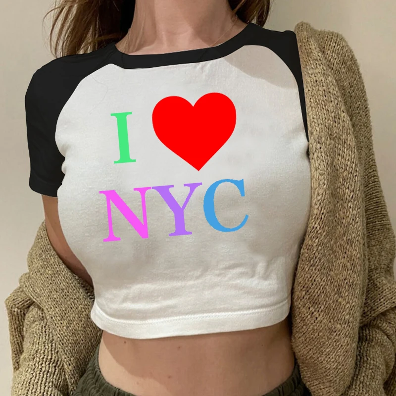 

Милая детская футболка I Love NYC Y2k, женская футболка с графическим рисунком, модные укороченные топы с круглым вырезом в стиле Харадзюку, уличная одежда