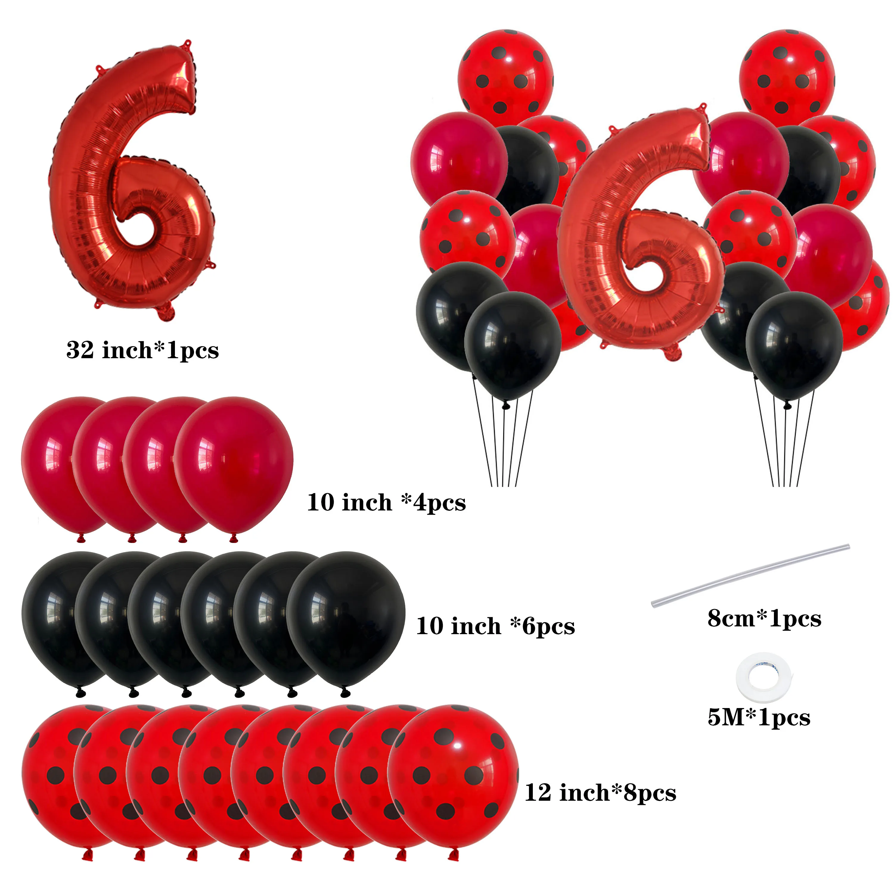 21 pz 12 pollici rosso nero puntini palloncini coccinella decorazioni per feste di compleanno Baby Shower 32 pollici numero rosso forniture per