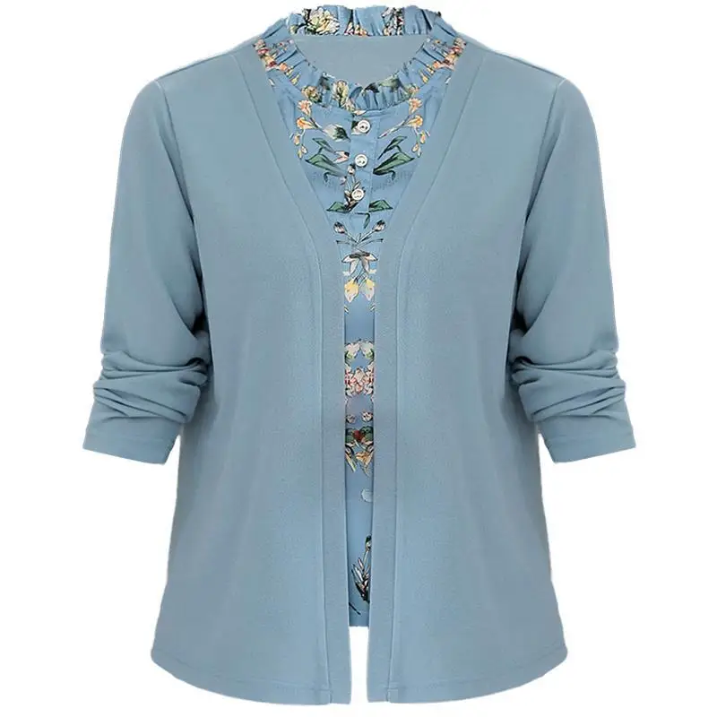 Women\'s 2023 New Spring and Autumn Solid Pullover Folds Round Neck Button Long Sleeve Printing Plus Size Folk Two Piece Set Tops