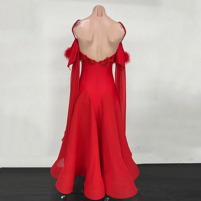 ผู้หญิงสีแดงชุดเต้นรำบอลรูมมาตรฐานการแข่งขันเสื้อผ้าวอลซ์ชุดยาวแทงโก้เต้นรำสมัยใหม่เครื่องแต่งกาย AMY3138