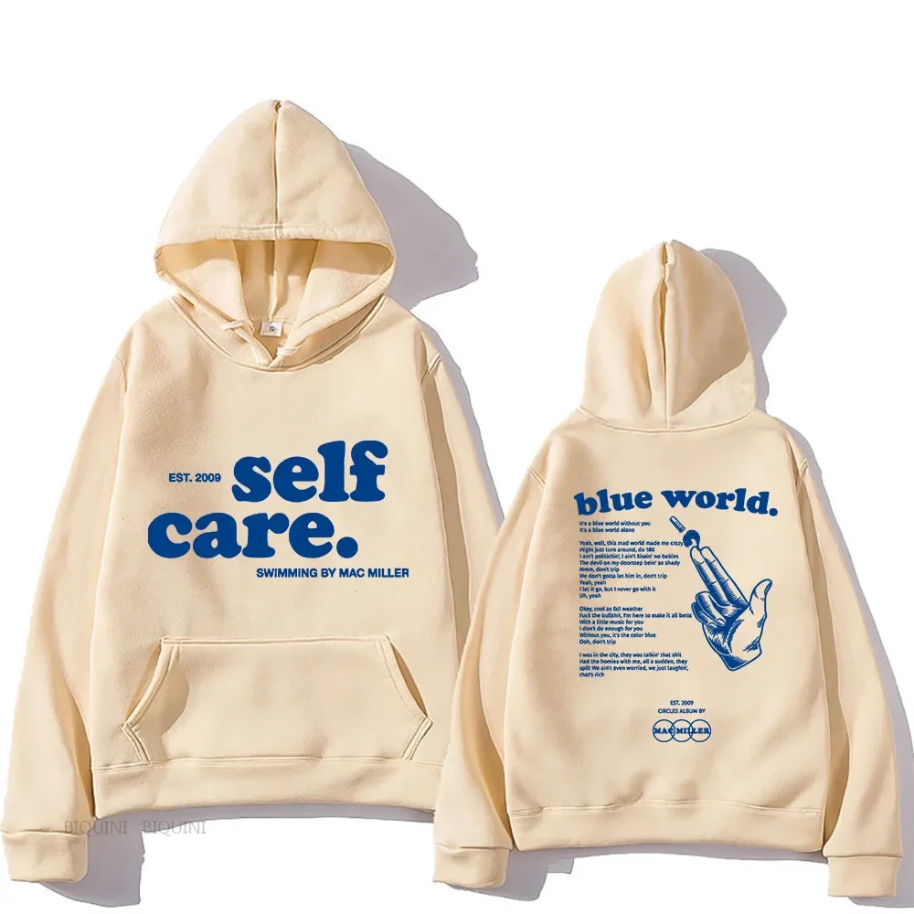 Macc Miller Self Care Blue World Letter Print Hoodies Fleece Sweatshirts Y2k Tops Long Sleeve Sweater Sense of Design Pullovers