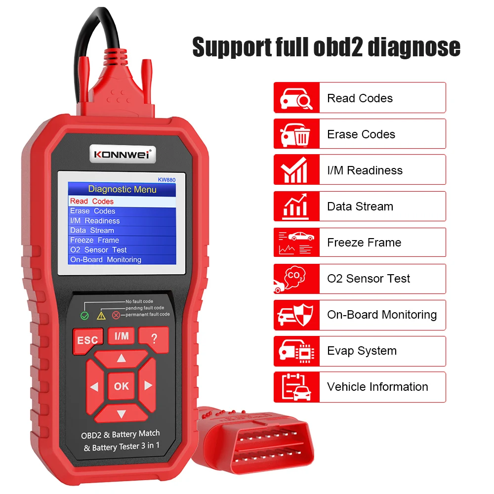 KONNWEI KW880 12V Car Battery Tester Analizer Auto Diagnostic Tool Battery Match 3 in 1 Car OBD2 Scanner Full OBD2 Function