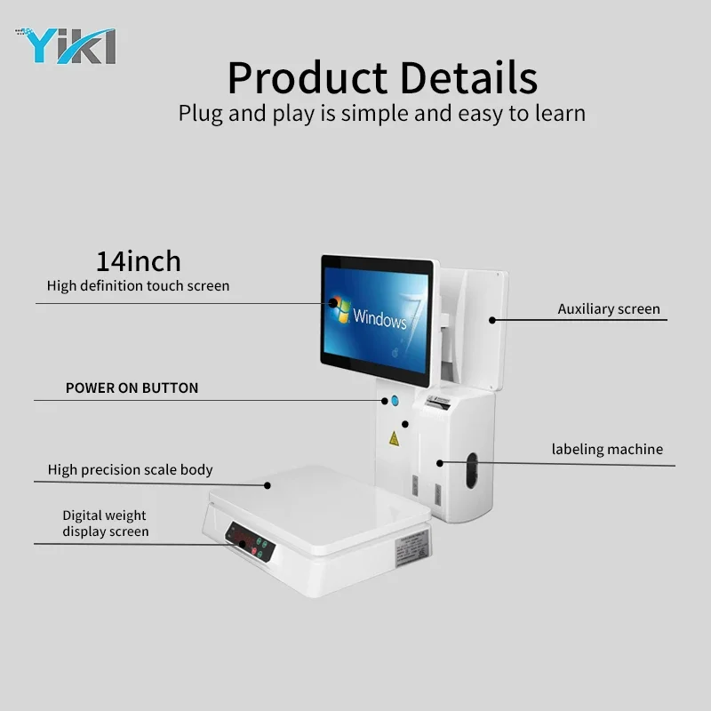 Cashier digital window weight in one POS scale combined with barcode machine electronic supermarket scale touch POS system