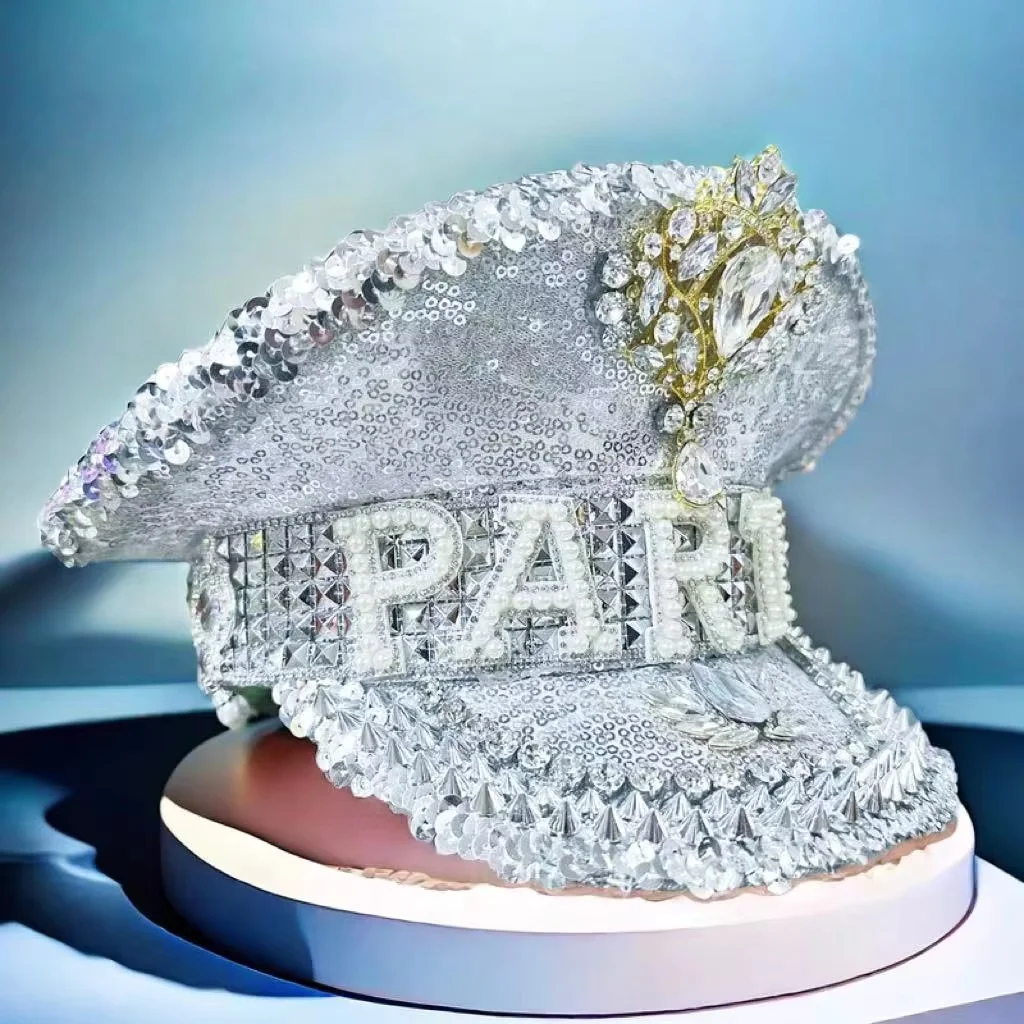 HongLuan Party Steampunk Captain Hat Rhinestone for Burning Man Festival Woman, Vintage Military Accessories & Military Cap