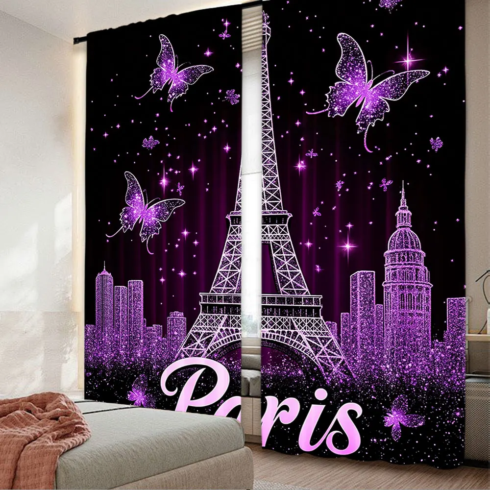 

2Pcs Paris Eiffel Tower Curtains Curtains Adults Butterfly Florals Fashion Purple Romantic Suitable For Living Room Bedroom