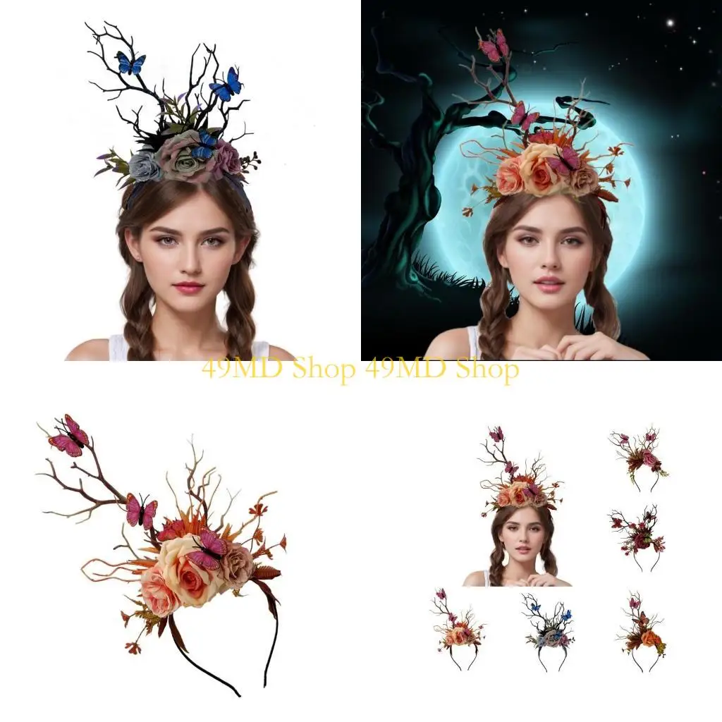 

49MD Stylish Witch Cosplay Costume Flower Branch Halloween Party Role Play Headband