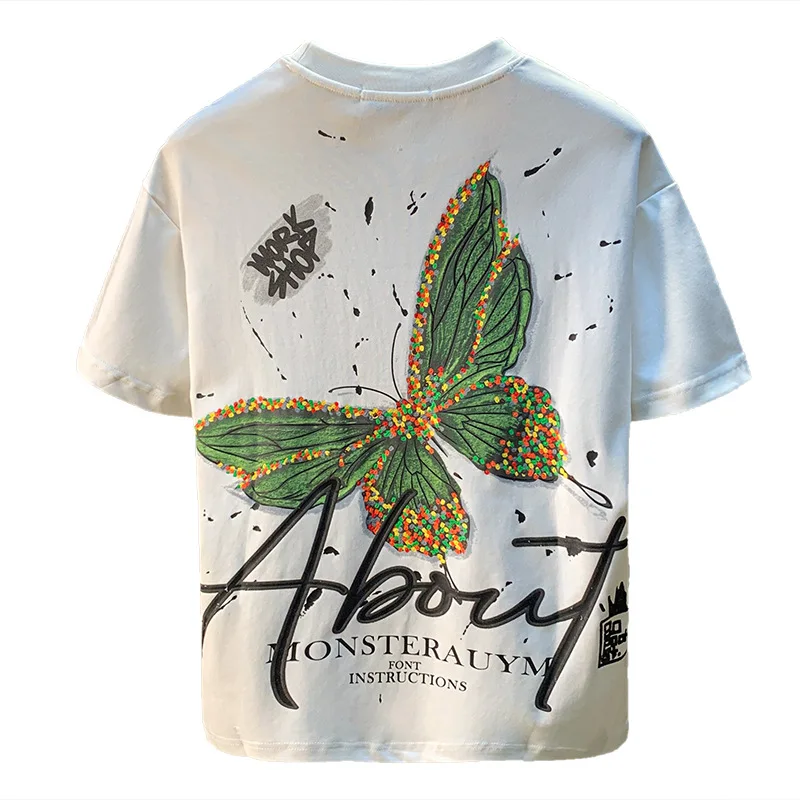 Colorful short sleeved T-shirt for men's summer fashion trend, butterfly print high-end light luxury loose elastic men's top