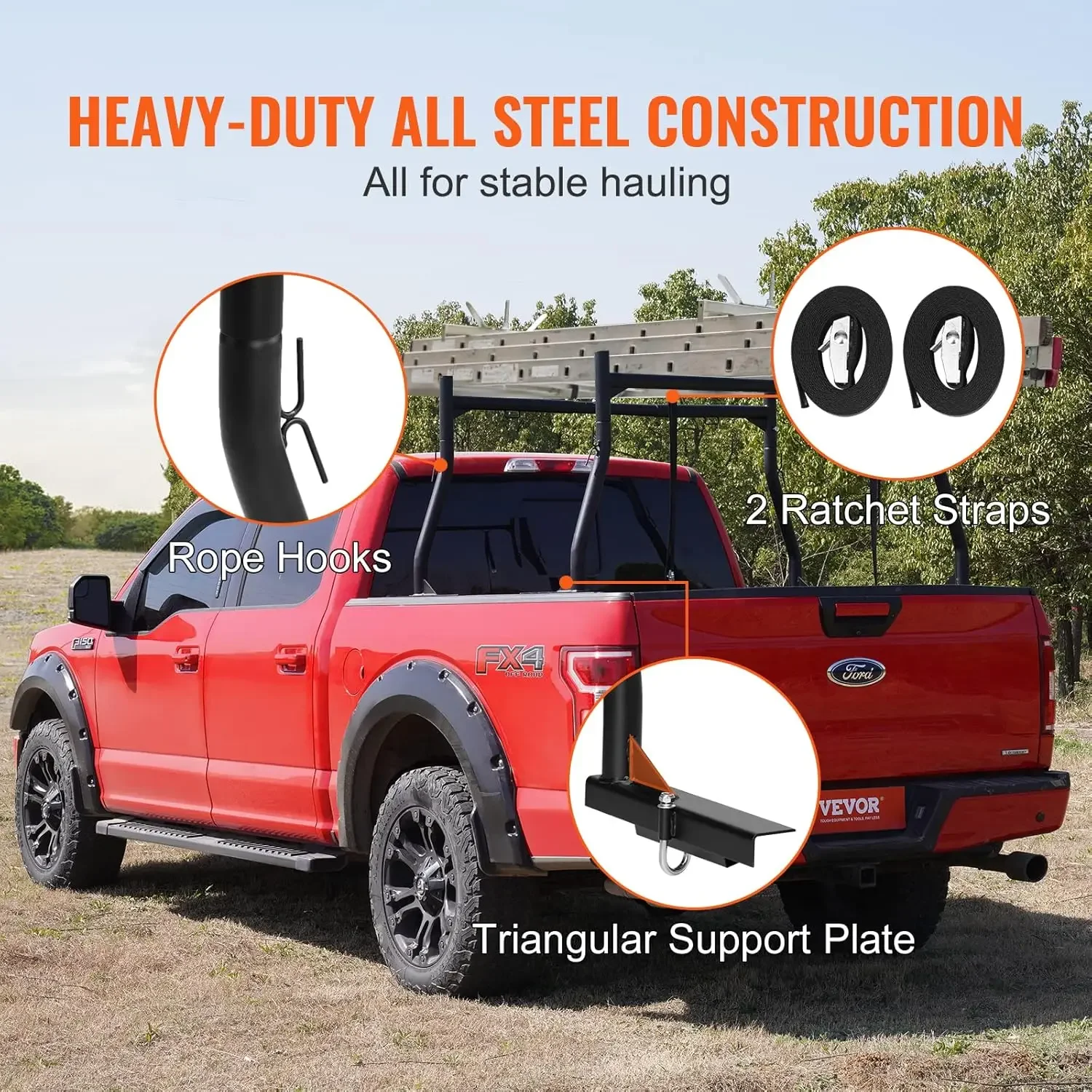 Extendable Steel Truck Ladder Rack - 800 lbs Capacity, 46-71 inch, Non-Drilling for Kayak, Surfboard, Lumber, Ladder