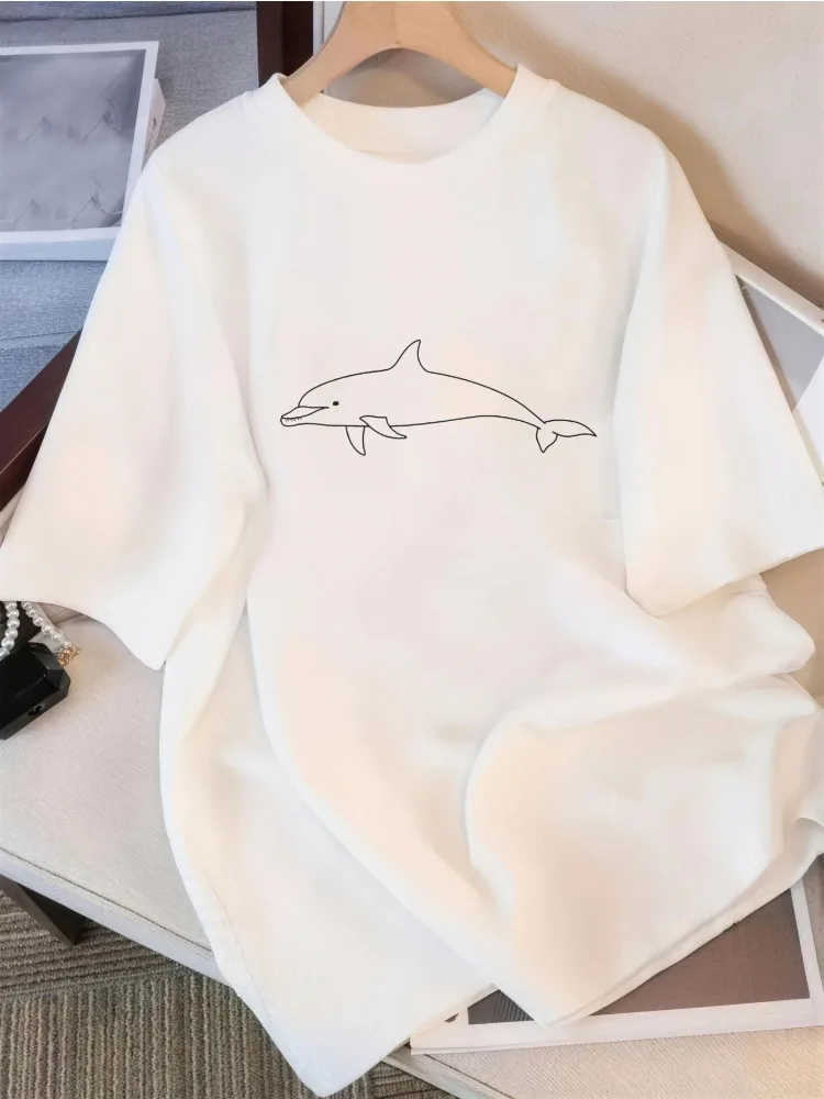 Men Summer Cotton Short Sleeve T Shirt Simple White Line Dolphin Front Print Crew Neck Minimalist Ocean Casual Male Tee
