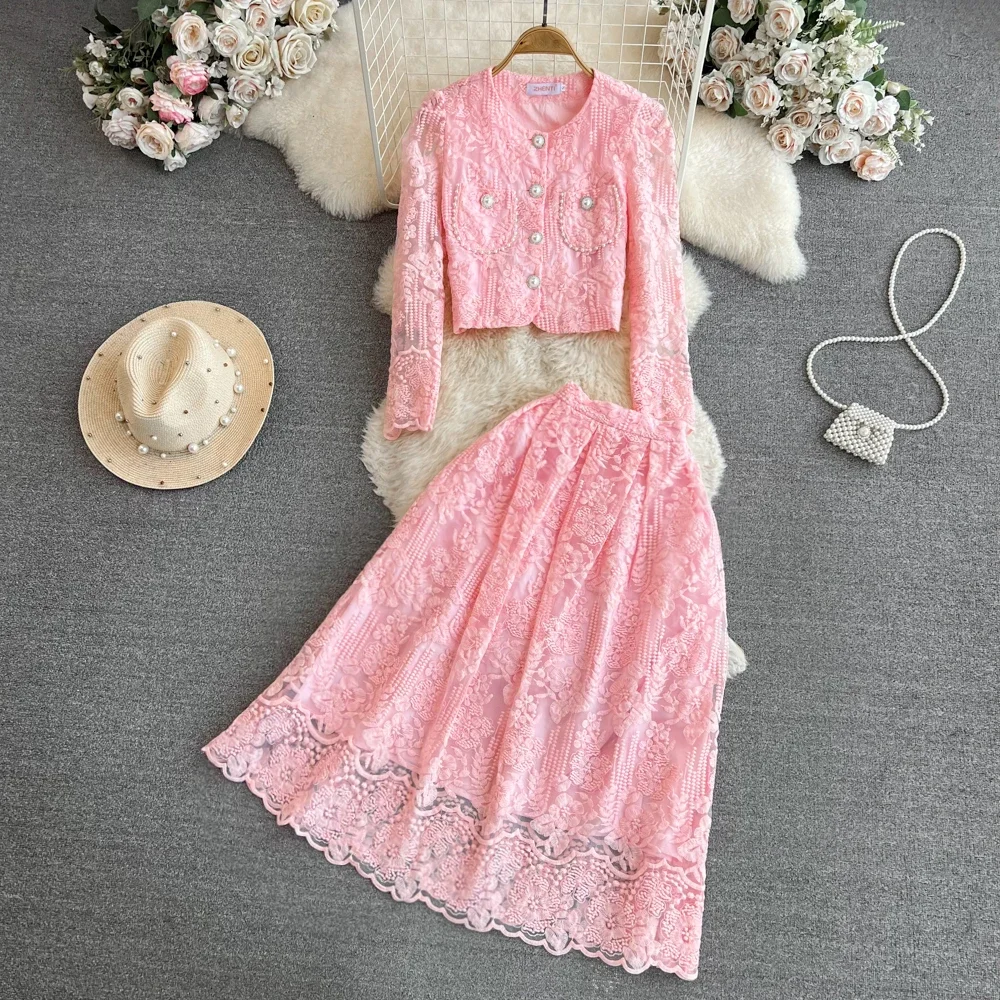 High Quality Floral Embroidery Two Piece Sets Women Suits Elegant OL Long Sleeve Shirt Mid Skirts 2 Piece Outfits Female