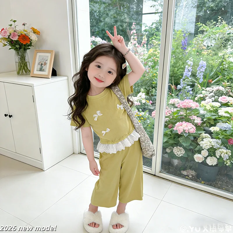 2026 Summer Girls European and American Sweet and Fresh Cotton Comfortable Lightweight Breathable Girls Short Sleeve Set