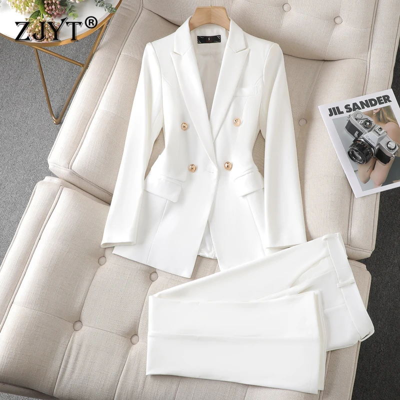 

ZJYT Double Breasted Blazer Pants Suits 2 Piece Matching Set Women Conjunto Para Mujeres Work Wear Trousers Sets Office Outfit