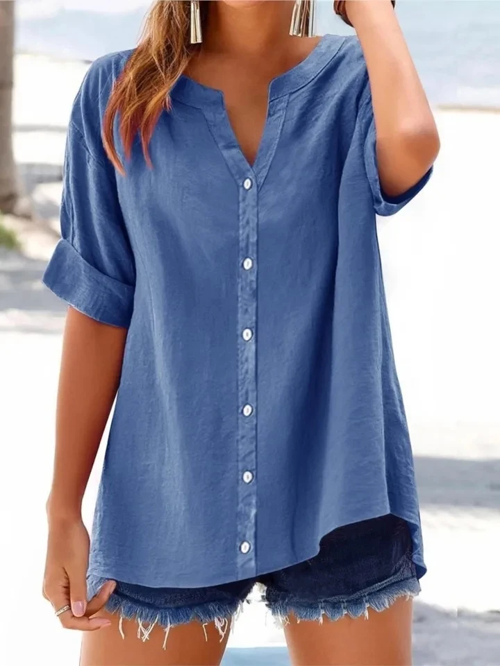 

Fashion Linen Short-sleeved Shirt Women 2025 Summer Casual Loose Single Breasted Cardigan Elegant Versatile Office Shirt Ladies
